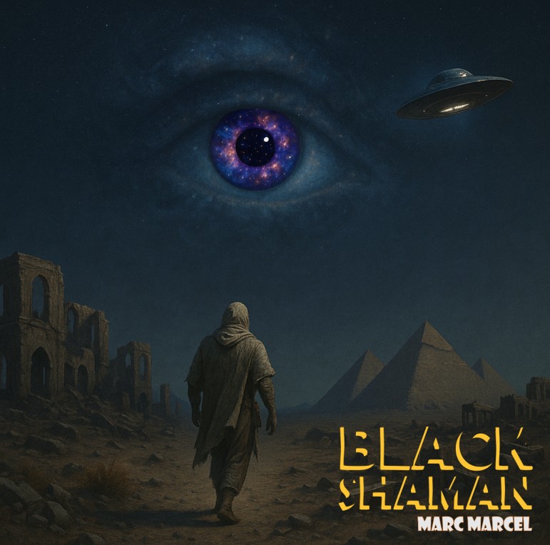 Black Shaman album cover: a robed figure walking toward pyramids beneath a cosmic eye and a UFO